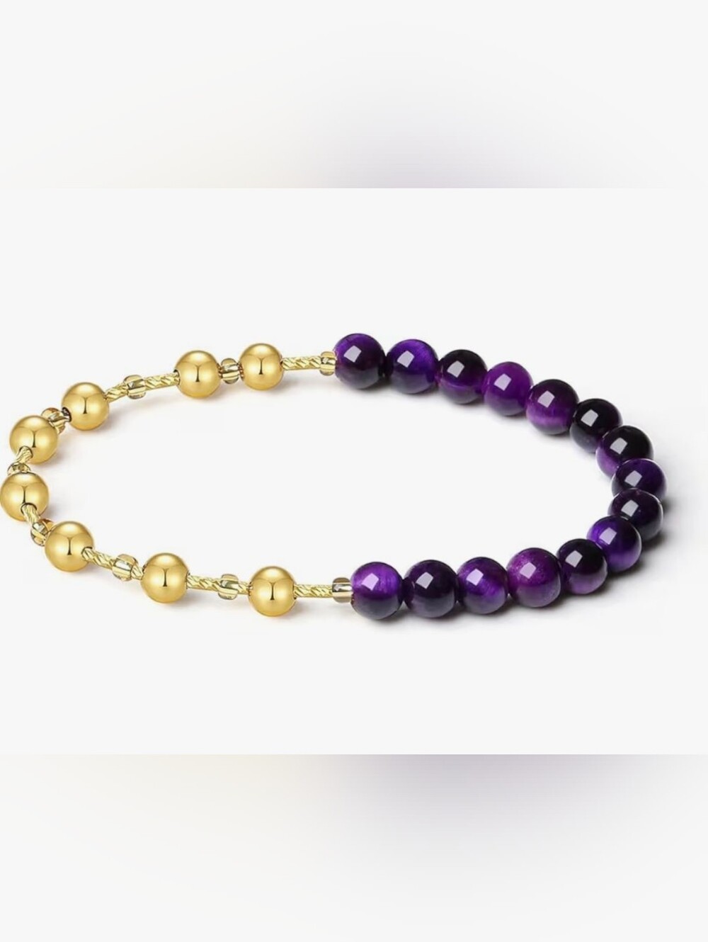 Purple Tiger's Eye Stretch Bracelet, 6MM Beaded 18K Gold Ball Two in One